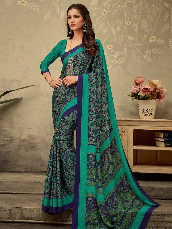 Women's Crepe Navy Blue Printed Designer Saree With Blouse Piece Embroidered Cotton Blouse