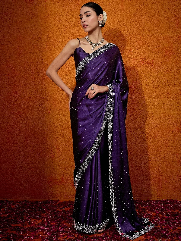 Women's Satin Silk Purple Embellished Designer Saree With Blouse Piece Smart Casual Blouse