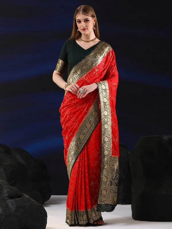 Women's Silk Blend Red Woven Design Designer Saree With Blouse Piece Smart Business Blouse