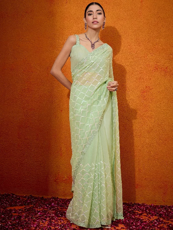 Women's Georgette Light Green Embellished Designer Saree With Blouse Piece Ruched Sleeve Blouse