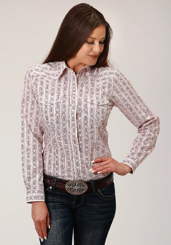 Roper Womens Wine/Cream Cotton Blend Wallpaper Print L/S Shirt-- Anti-Pilling Machine Wash Handmade