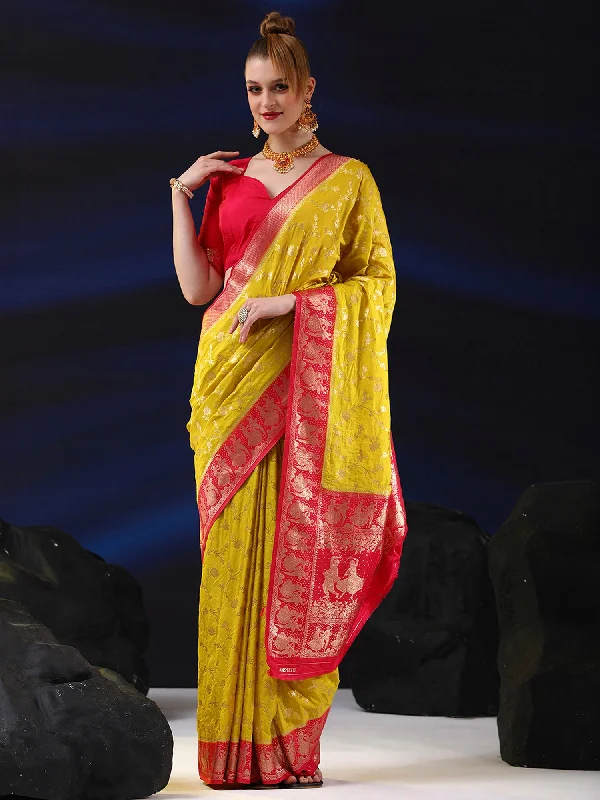 Women's Silk Blend Yellow Woven Design Designer Saree With Blouse Piece Collared Satin Blouse