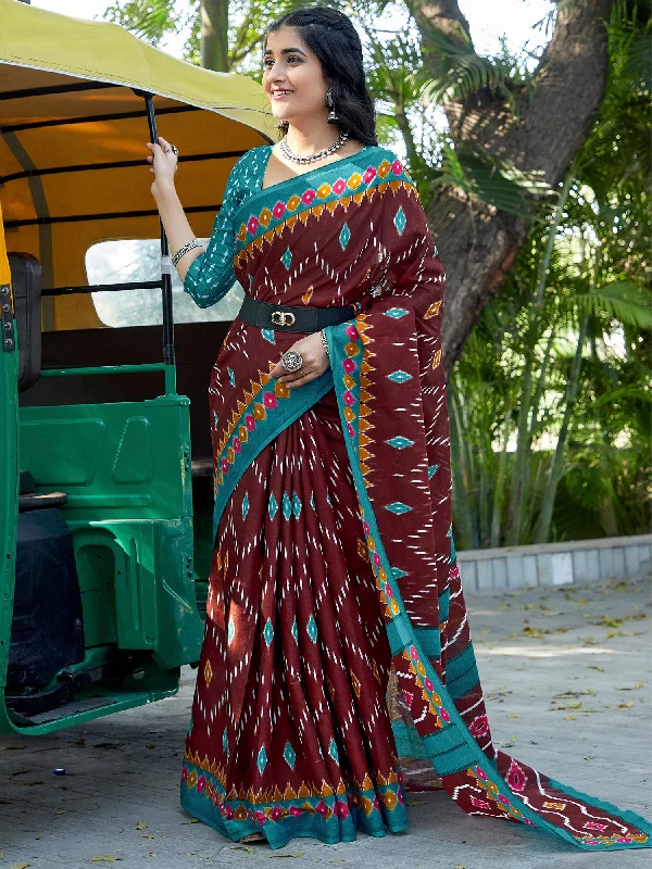 Women's Cotton Brown Printed Designer Saree With Blouse Piece Textured Cotton Blouse