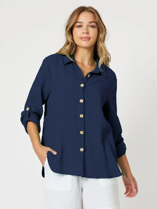 Byron Textured Cotton Shirt - Navy-- Rayon Velvet Corduroy