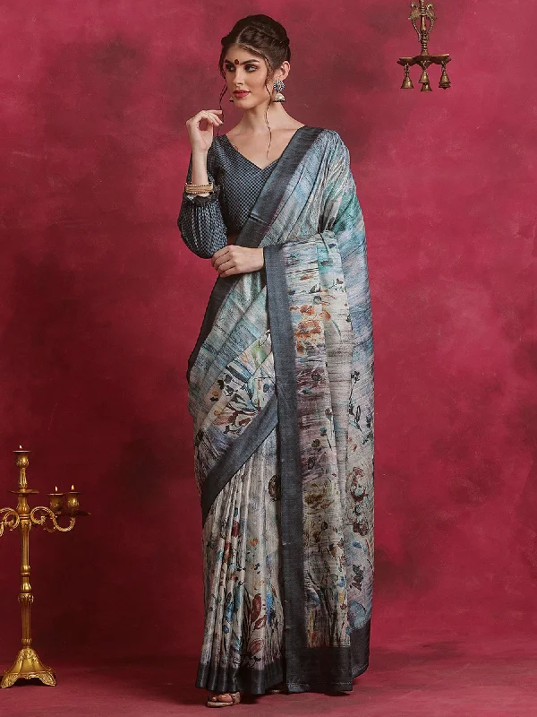 Women's Cotton Blend Grey Printed Designer Saree With Blouse Piece Floral Chiffon Blouse