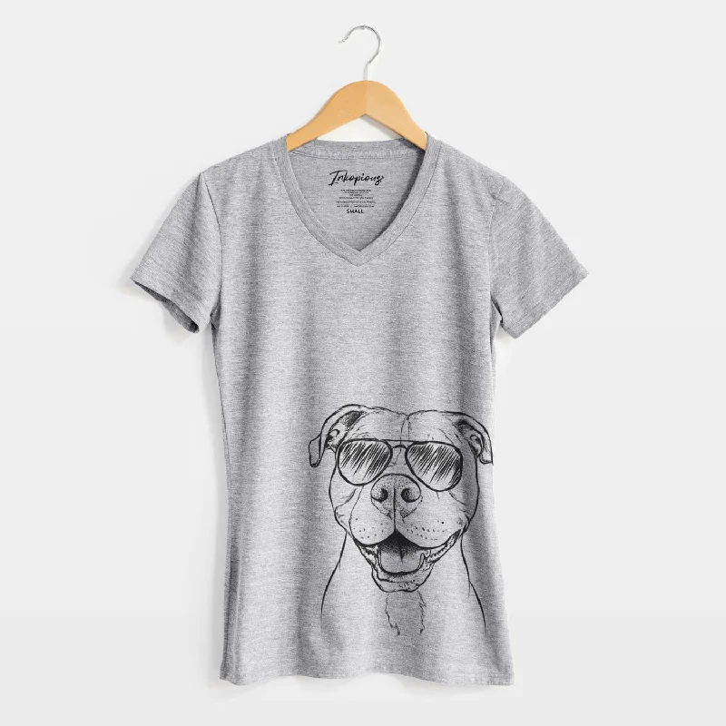 Aviator Roscoe the Pitbull - Women's V-neck Shirt-- Graphic T-Shirt Round Neck Polyester