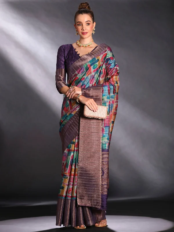 Women's Silk Blend Multicolored Printed Designer Saree With Blouse Piece Elegant Embroidery Blouse