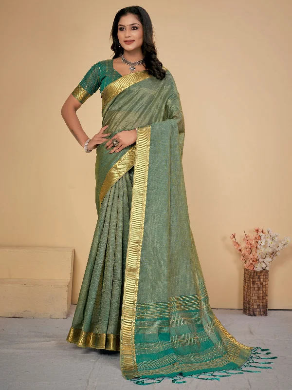Women's Cotton Silk Sea Green Embellished Designer Saree With Blouse Piece Delicate Bow Blouse