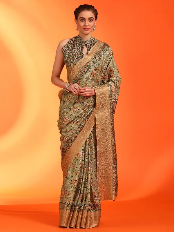 Women's Dola Silk Olive Printed Designer Saree With Blouse Piece Relaxed Fit Blouse
