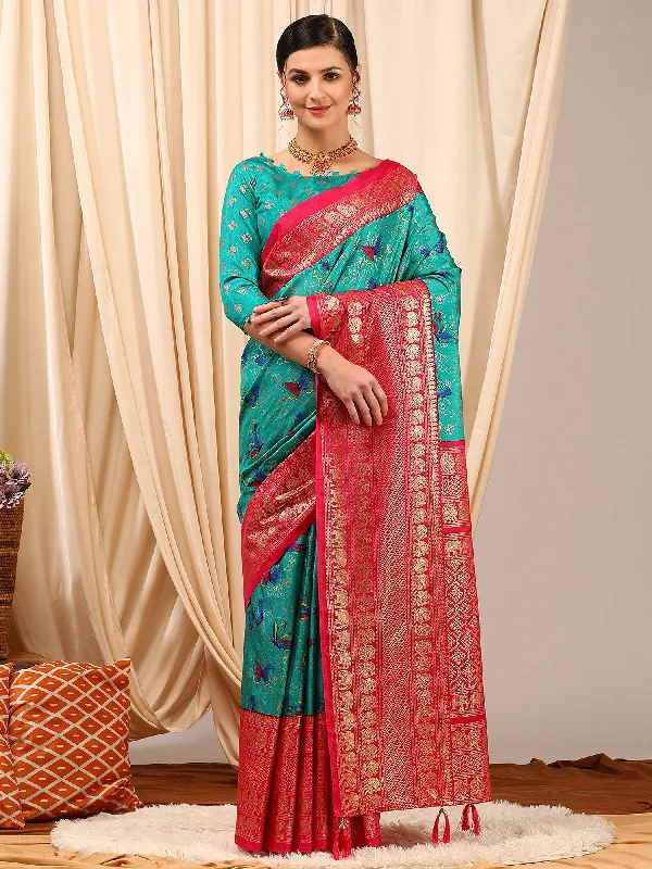 Women's Cotton Blend Blue Printed Designer Saree With Blouse Piece Sheer Mesh Blouse