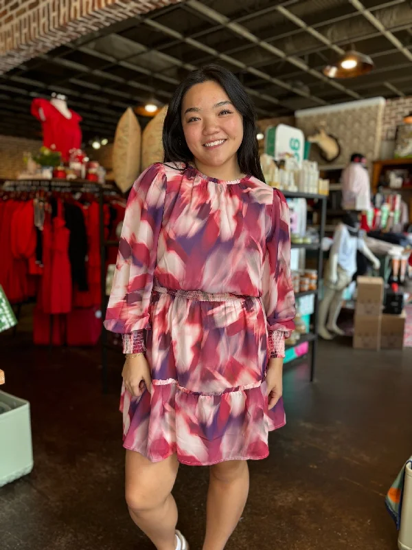 FINAL SALE - Anelia Smocked Mini Dress Ivory & Mauve Trendy Crossover Mini Dress