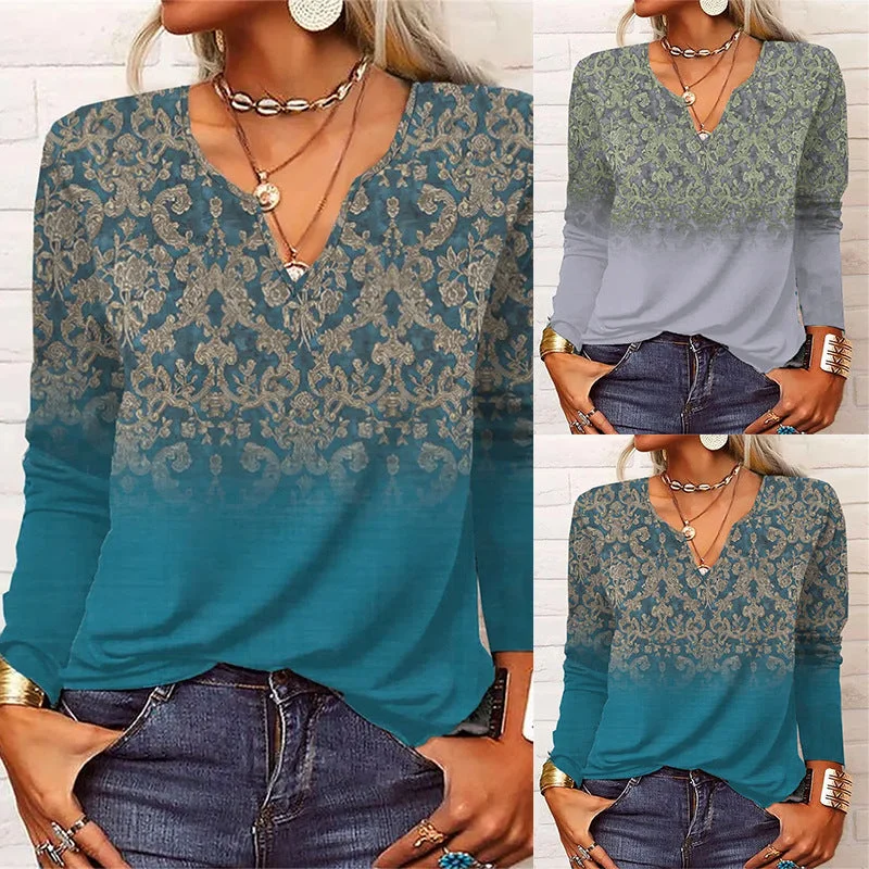 Loose Long Sleeve Floral V-Neck Ladies T-Shirt-- Terry Blend Velvet Blend Canvas Blend