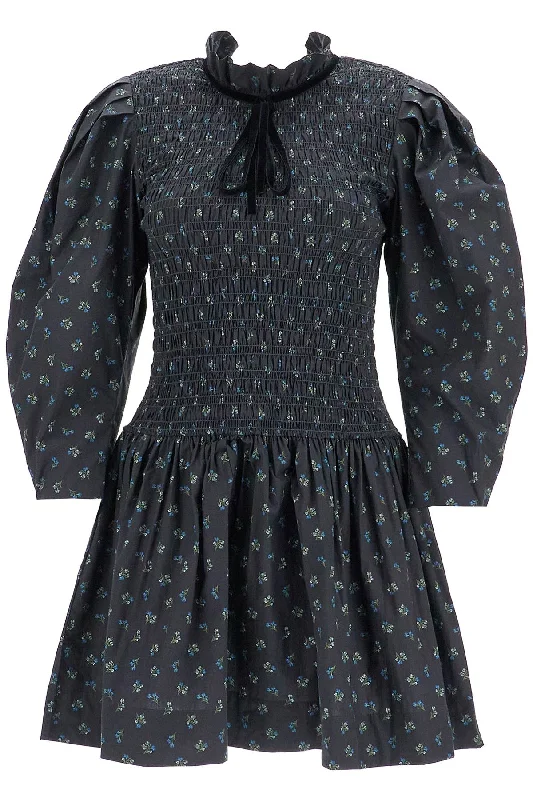 Ganni Women's Printed Cotton Smock Mini Dress Fashionable Lace-Trim Mini Dress