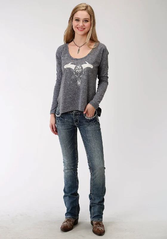 Roper Longhorn Womens Navy Cotton Blend French Terry L/S T-Shirt-- Wool Fabric Cashmere Fabric Tweed Fabric