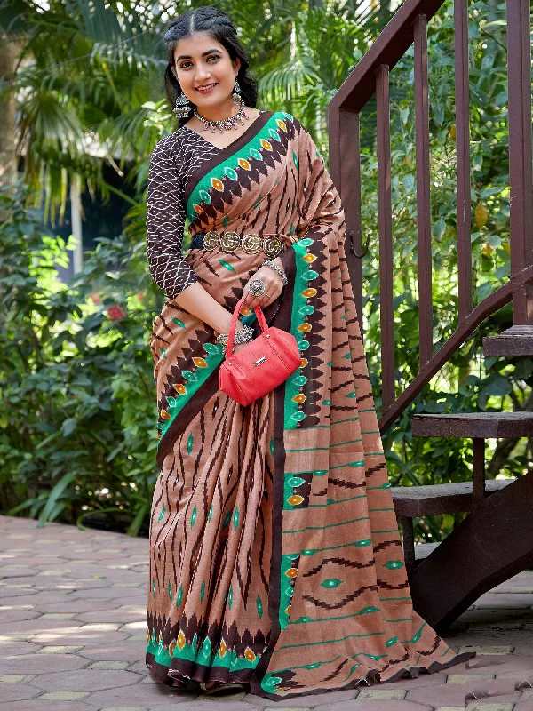 Women's Cotton Brown Printed Designer Saree With Blouse Piece Backless Summer Blouse