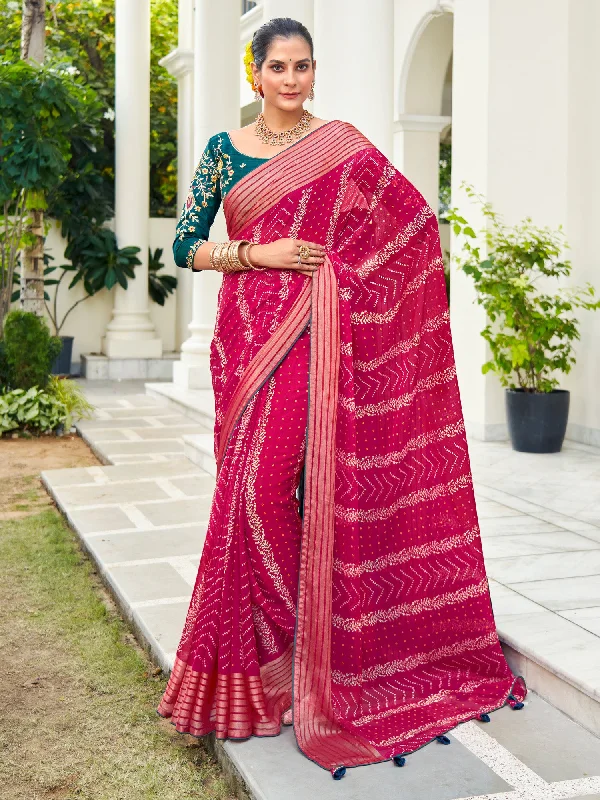 Women's Chiffon Pink Embellished Designer Saree With Blouse Piece Floral Chiffon Blouse