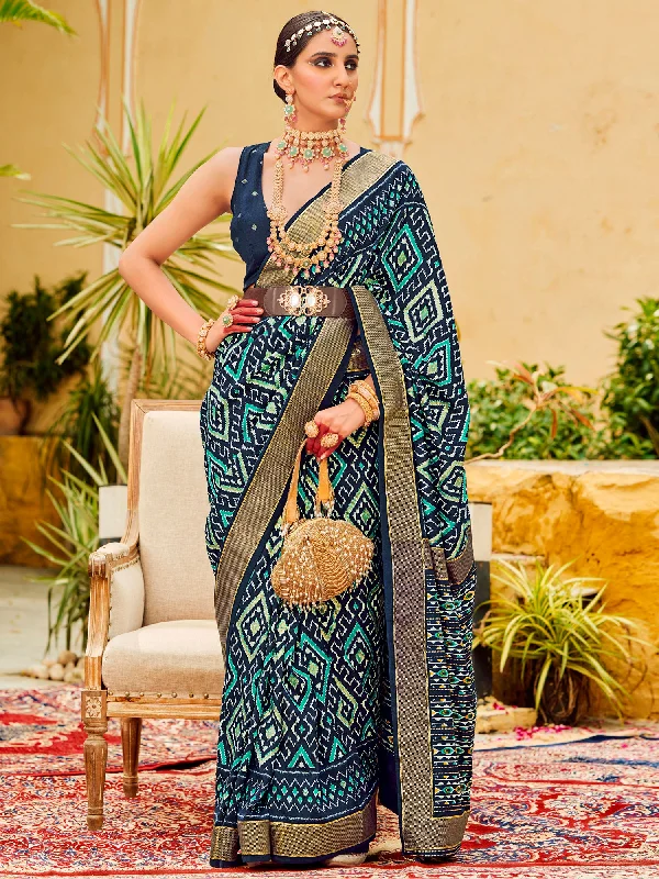 Women's Tussar Silk Navy Blue Printed Designer Saree With Blouse Piece Short Sleeve Blouse