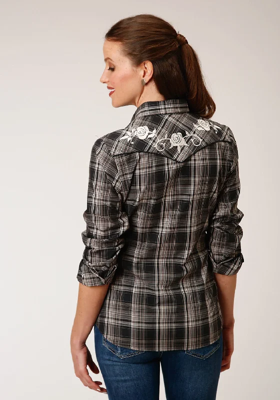 Roper Womens Black/Cream Cotton Blend Roses L/S Shirt-- Anti-Shrink Durable Soft