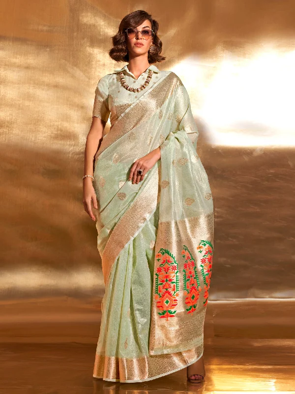 Women's Tissue Sea Green Woven Design Designer Saree With Blouse Piece Semi-Sheer Blouse