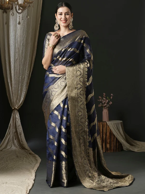 Women's Organza Navy Blue Woven Design Designer Saree With Blouse Piece Sleeveless Summer Blouse