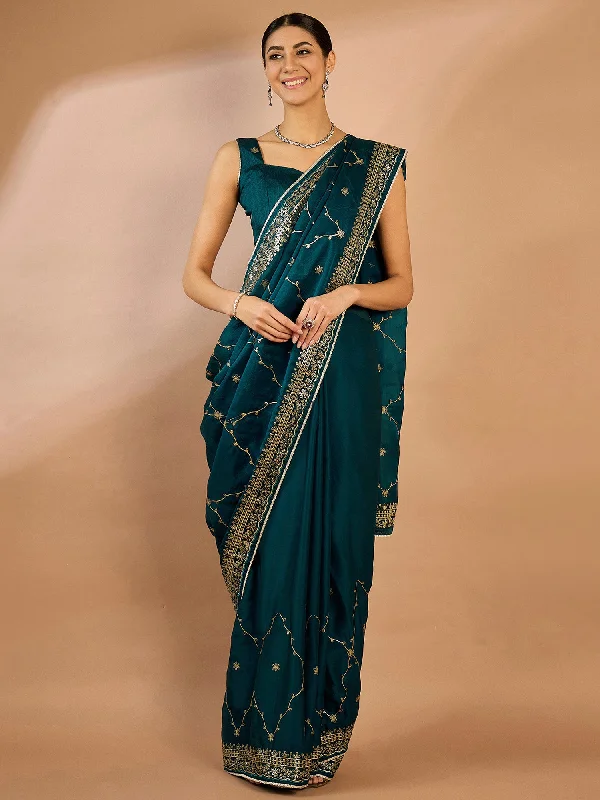 Women's Organza Teal blue Embellished Designer Saree With Blouse Piece Puff Sleeve Blouse