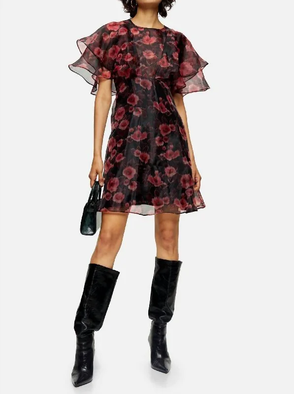 Organza Floral Ruffle Mini Dress In Black/red Trendy A-Line Mini Dress