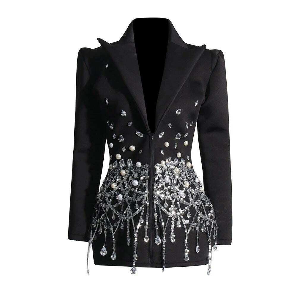 TWOTWINSTYLE Patchwork Diamonds Mini Dress For Women Lapel Long Sleeve High Waist Spliced Sequins Temperament Dresses Female New Chic Puff Sleeve Mini Dress