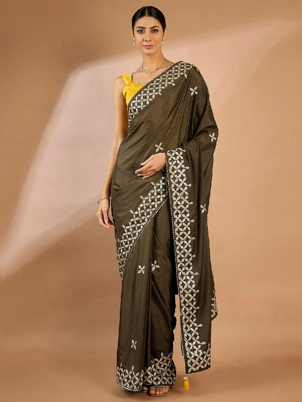Women's Crepe Olive Embellished Designer Saree With Blouse Piece Ruffled Neck Blouse
