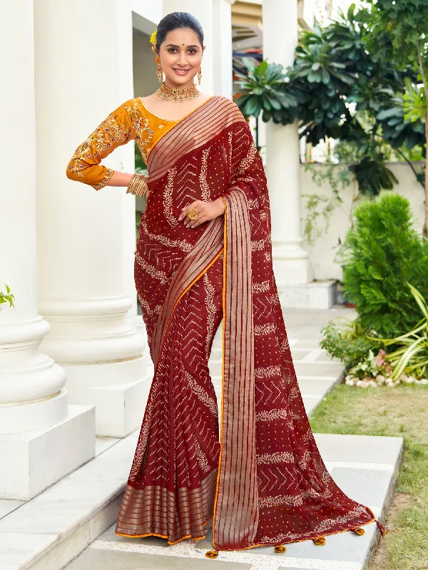 Women's Chiffon Maroon Embellished Designer Saree With Blouse Piece Feminine Satin Blouse