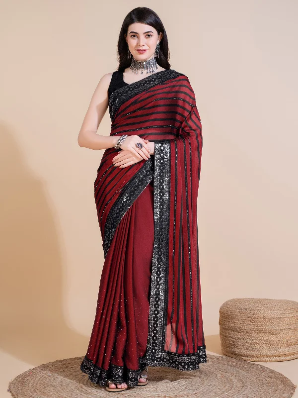 Women's Georgette Maroon Embellished Designer Saree With Blouse Piece Oversized Silk Blouse