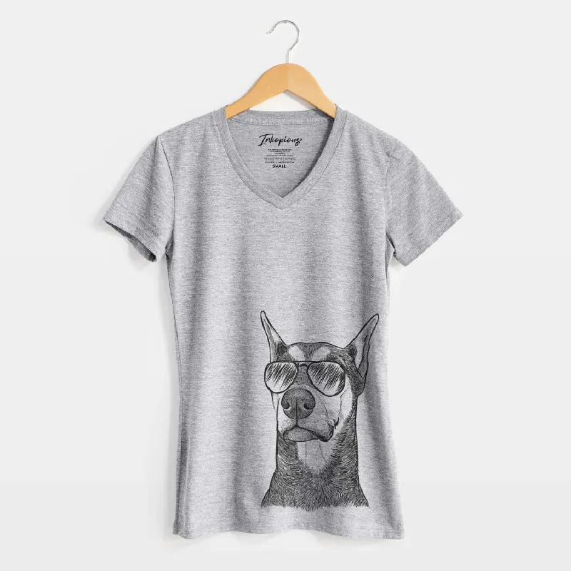 Aviator Zeus the Doberman Pinscher - Women's V-neck Shirt-- Mesh Fabric Canvas Fabric Denim Fabric