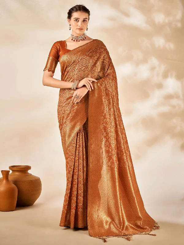 Women's Cotton Silk Camel Brown Woven Design Designer Saree With Blouse Piece Elegant Office Blouse