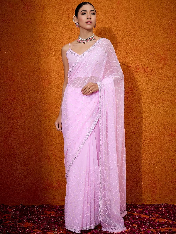 Women's Georgette Pink Embellished Designer Saree With Blouse Piece Elegant Peplum Blouse
