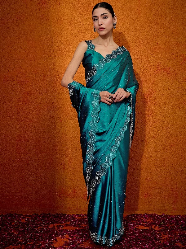 Women's Satin Silk Teal blue Embellished Designer Saree With Blouse Piece Sheer Sleeve Blouse