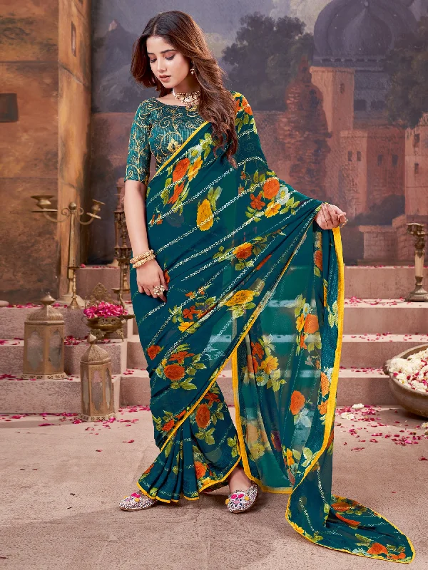 Women's Georgette Teal blue Embellished Designer Saree With Blouse Piece Sleeveless Summer Blouse