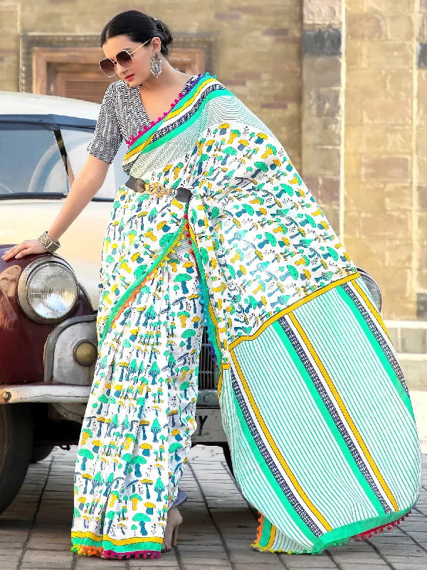 Women's Cotton White Printed Designer Saree With Blouse Piece Office-Ready Blouse