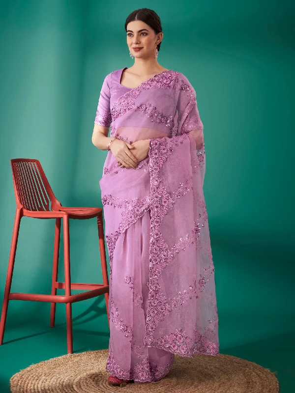 Women's Organza Mauve Embellished Designer Saree With Blouse Piece Slim Fit Blouse