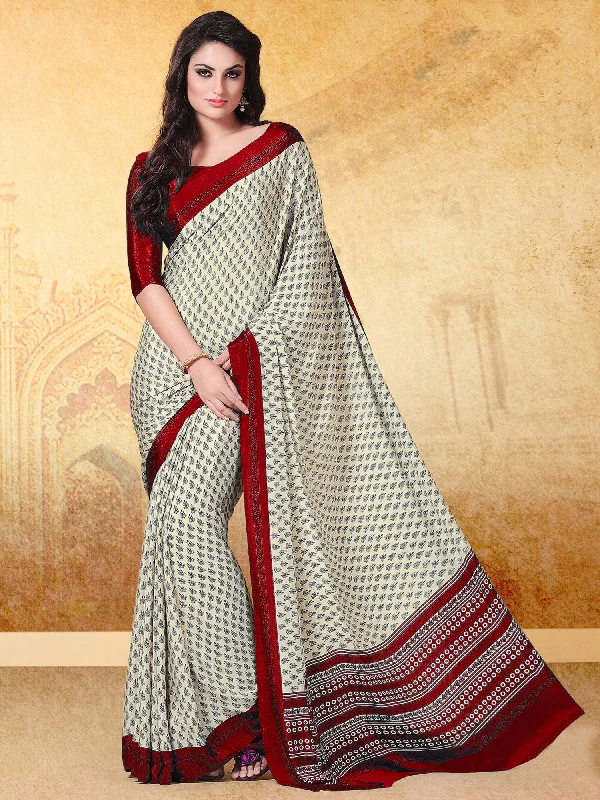 Women's Crepe Cream Printed Designer Saree With Blouse Piece Off-Shoulder Wrap Blouse