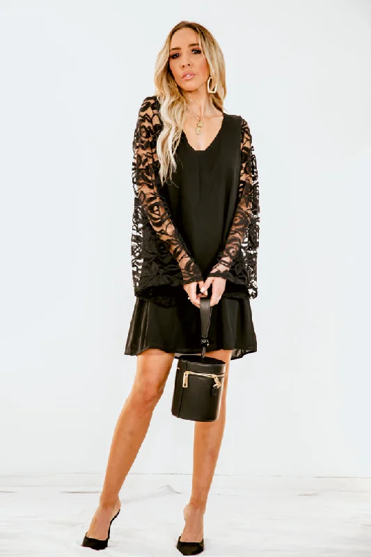 Lace Bell-Sleeve Mini Dress - Black Cozy Knit Mini Dress