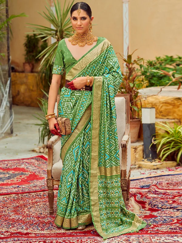 Women's Tussar Silk Light Green Printed Designer Saree With Blouse Piece Polished Work Blouse