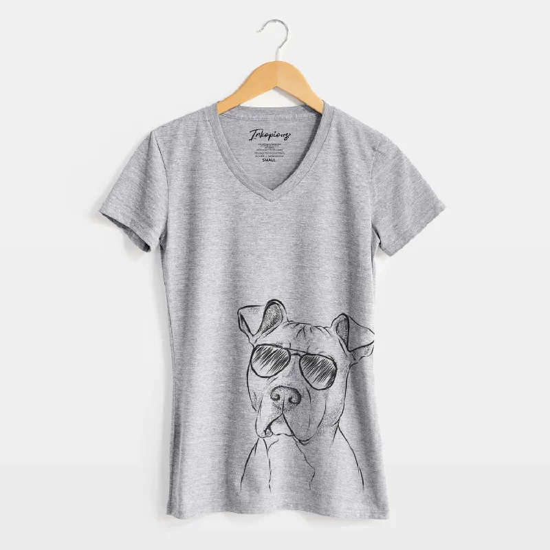 Aviator Scraps the American Staffordshire Mix - Women's V-neck Shirt-- Polka Dot Checkered Tartan