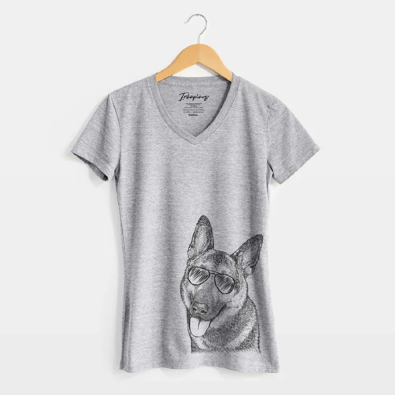Aviator Whitaker the German Shepherd - Women's V-neck Shirt-- Polka Dot Checkered Tartan