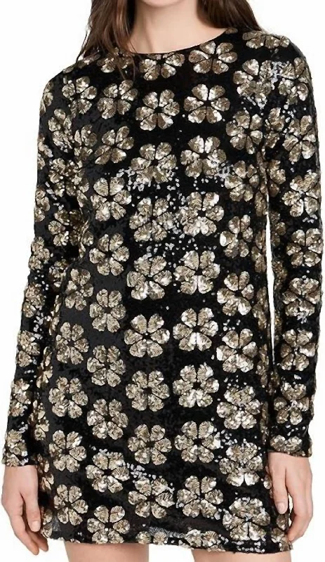 Madison Mini Dress In Flower Pop Gold Sequins Trendy A-Line Mini Dress