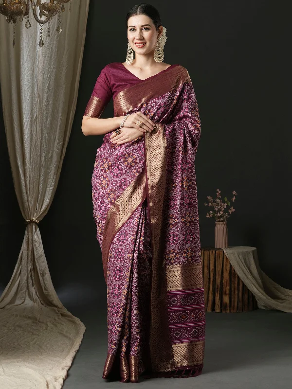 Women's Silk Blend Purple Woven Design Designer Saree With Blouse Piece Satin Long Blouse