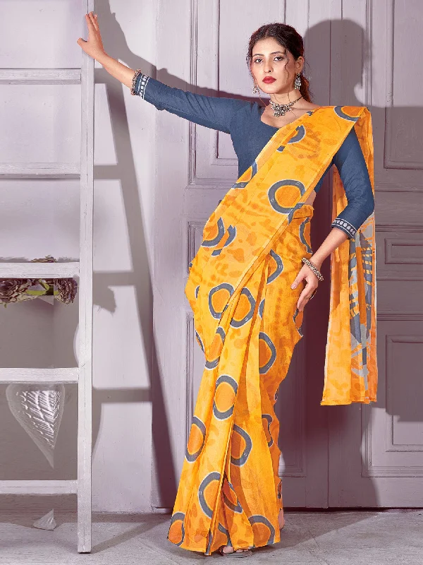 Women's Cotton Yellow Printed Designer Saree With Blouse Piece Modern Oversized Blouse