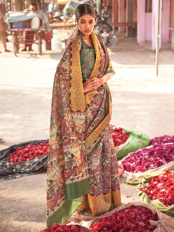 Women's Silk Blend Beige Printed Designer Saree With Blouse Piece Feminine Satin Blouse