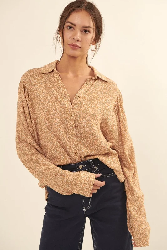 Collared Neckline Floral-print Shirt-- Satin Blend Silk Blend Wool Blend