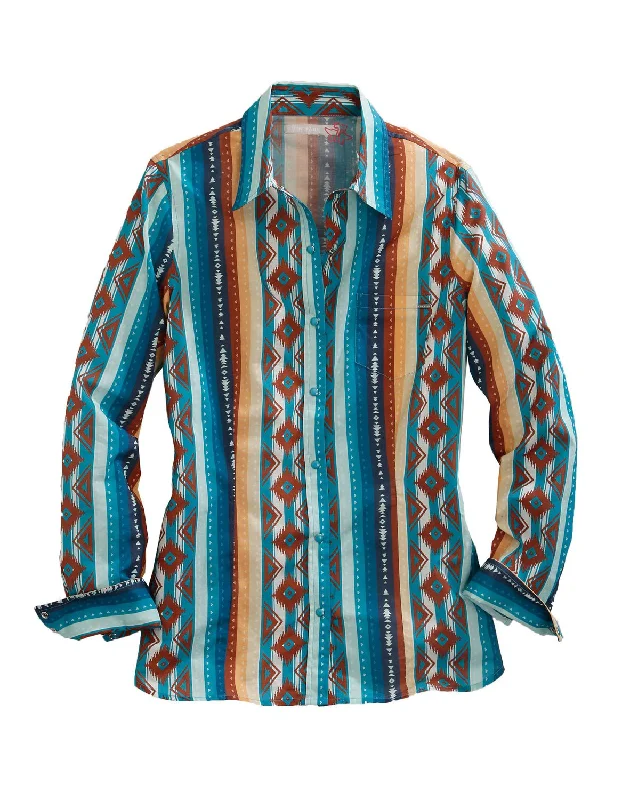 Tin Haul Womens Multi-Color 100% Cotton Aztec Serape L/S Shirt-- Embroidered Appliqued Beaded