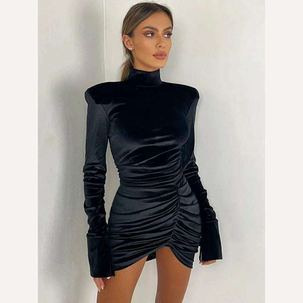 Cnyishe Sexy Velvet Mini Dresses Women Fashion Long Sleeve Solid Streetwear Slim Sheath Skinny Bodycon Vestidos Robes Female Cozy T-Shirt Mini Dress