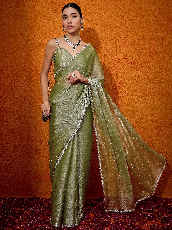 Women's Organza Olive Embellished Designer Saree With Blouse Piece Stretchy Fitted Blouse